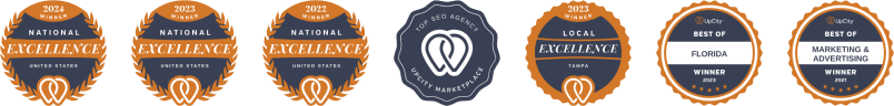 Keever SEO award badges — UpCity National Excellence 2022, 2023 & 2024, Top SEO Agency, Local Excellence Tampa 2023, Best of Florida 2023, and Best of Marketing & Advertising 2021