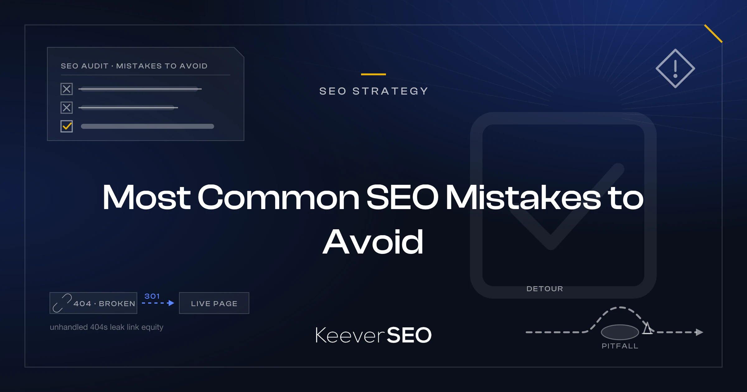 Most Common SEO Mistakes to Avoid - KeeverSEO guide cover with an audit checklist card with two crossed-out mistakes and one ticked fix, a hazard diamond sign, a 404 broken-link chip redirected to a relevant page and a route that detours around a pothole