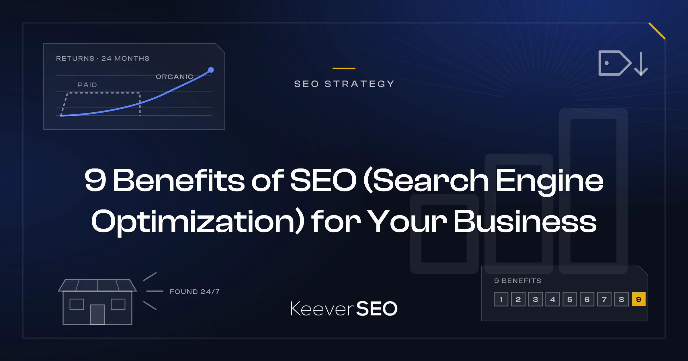 9 Benefits of SEO (Search Engine Optimization) for Your Business - KeeverSEO guide cover with an analytics card where an organic returns curve compounds past a paid line that stops with the spend, a cost-per-lead price tag with a falling arrow, a storefront sending out visibility rays and a tally of nine numbered benefit chips