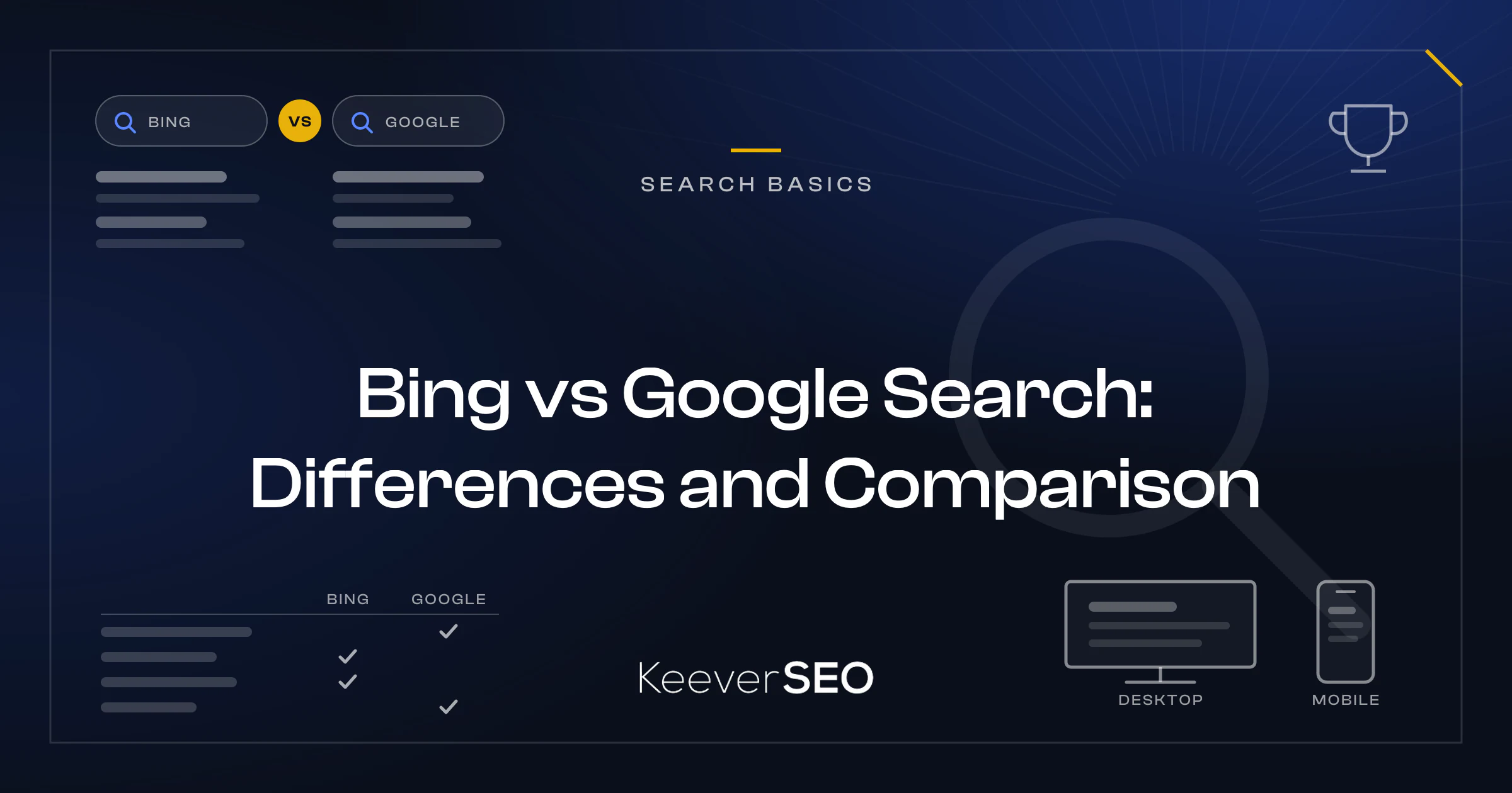 Bing vs Google Search: Differences and Comparison - KeeverSEO guide cover with two search boxes labelled Bing and Google either side of a vs badge, a two-column scorecard with tick marks, a desktop monitor beside a phone and a small trophy