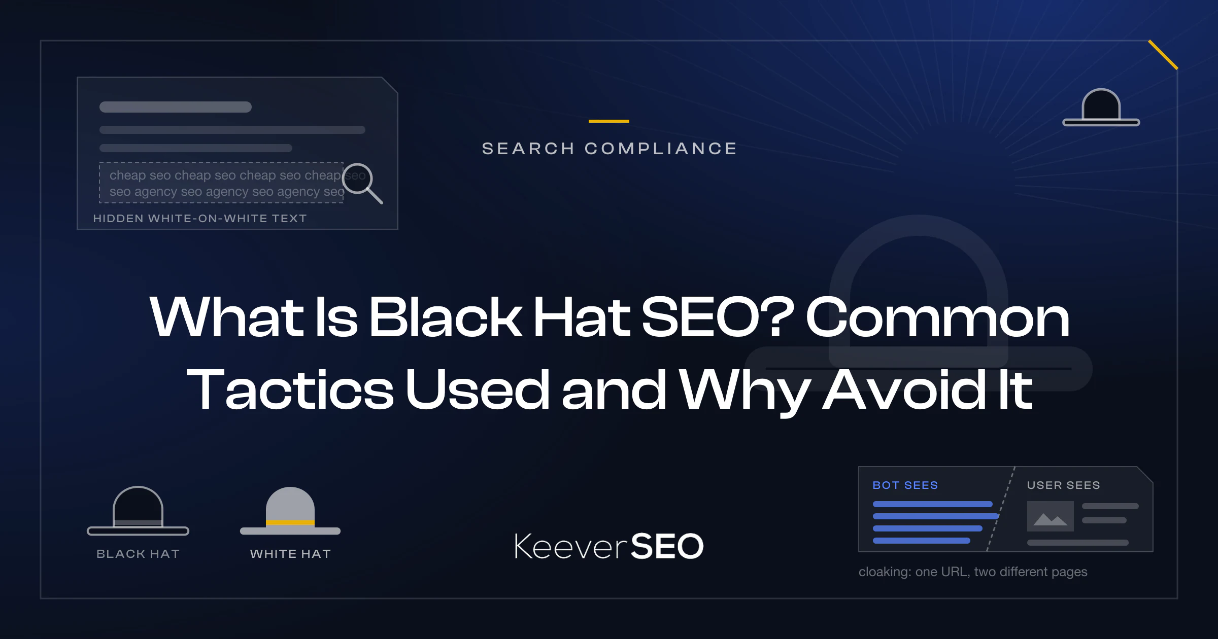What Is Black Hat SEO? Common Tactics Used and Why Avoid It - KeeverSEO guide cover with a web page with its hidden white-on-white keyword text revealed under a magnifier, a black hat and a white hat side by side, a small black hat icon and a cloaked page split between what the search bot sees and what the user sees