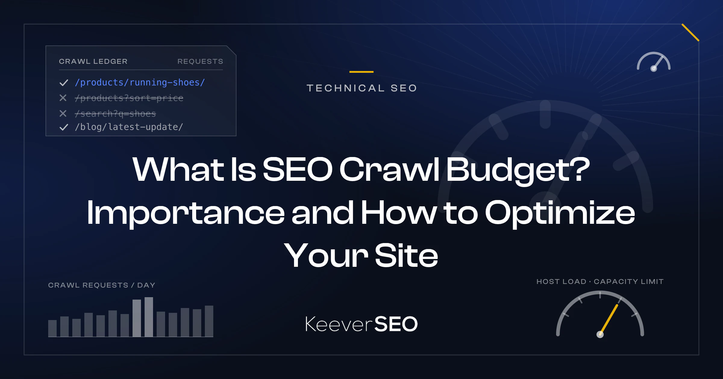 What Is SEO Crawl Budget? Importance and How to Optimize Your Site - KeeverSEO guide cover with a crawl ledger card tallying Googlebot requests spent on valuable and wasted URLs, a small gauge icon, a bar chart of daily crawl requests and a host-load dial with its needle