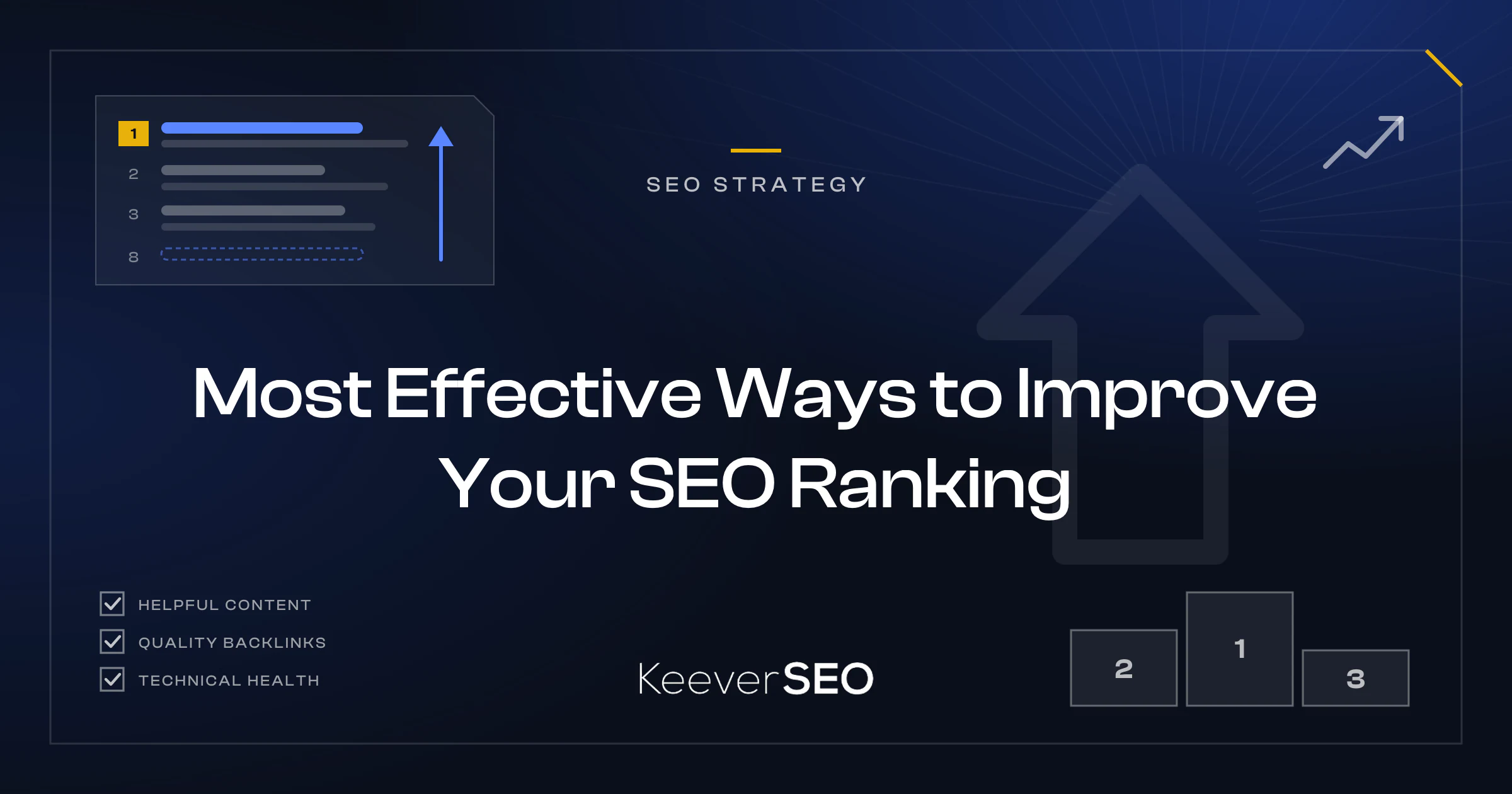 Most Effective Ways to Improve Your SEO Ranking - KeeverSEO guide cover with a ranked results list where one entry climbs from position 8 to position 1 on an upward arrow, a checklist of ranking levers, a winners' podium and a rising trend arrow
