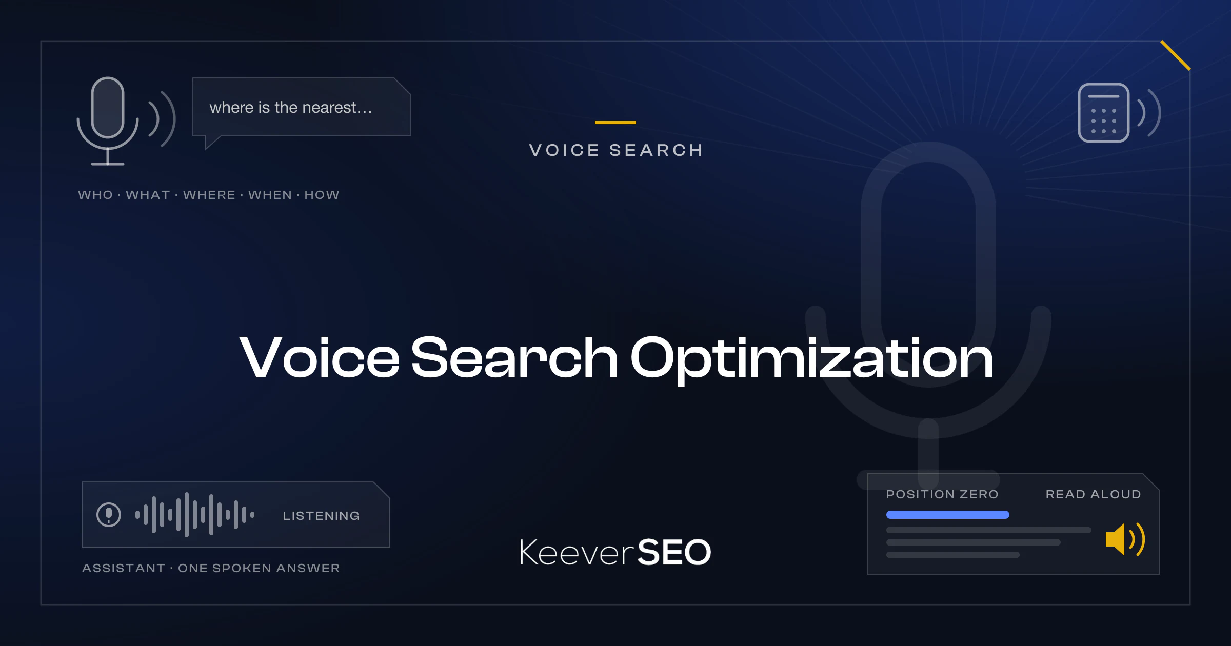 Voice Search Optimization - KeeverSEO guide cover with a microphone with sound waves beside a speech bubble asking where is the nearest, a smart speaker, a phone assistant card with a listening waveform and a featured-snippet answer box marked as the spoken answer
