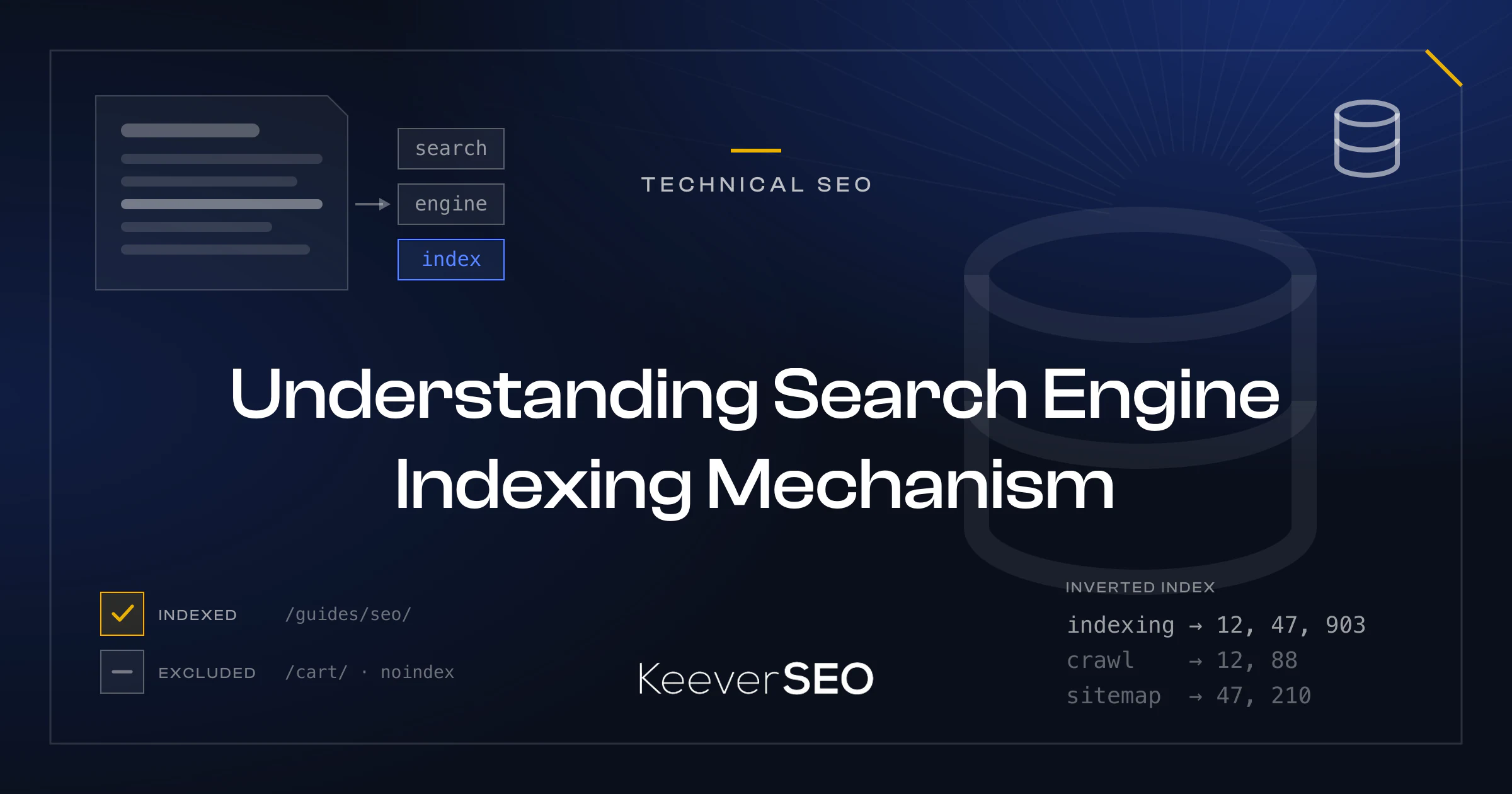 Understanding Search Engine Indexing Mechanism - KeeverSEO guide cover with a web page card being broken into token chips, a database cylinder icon, an index status list with one URL marked indexed and one excluded by noindex, and an inverted index mapping terms to document ids