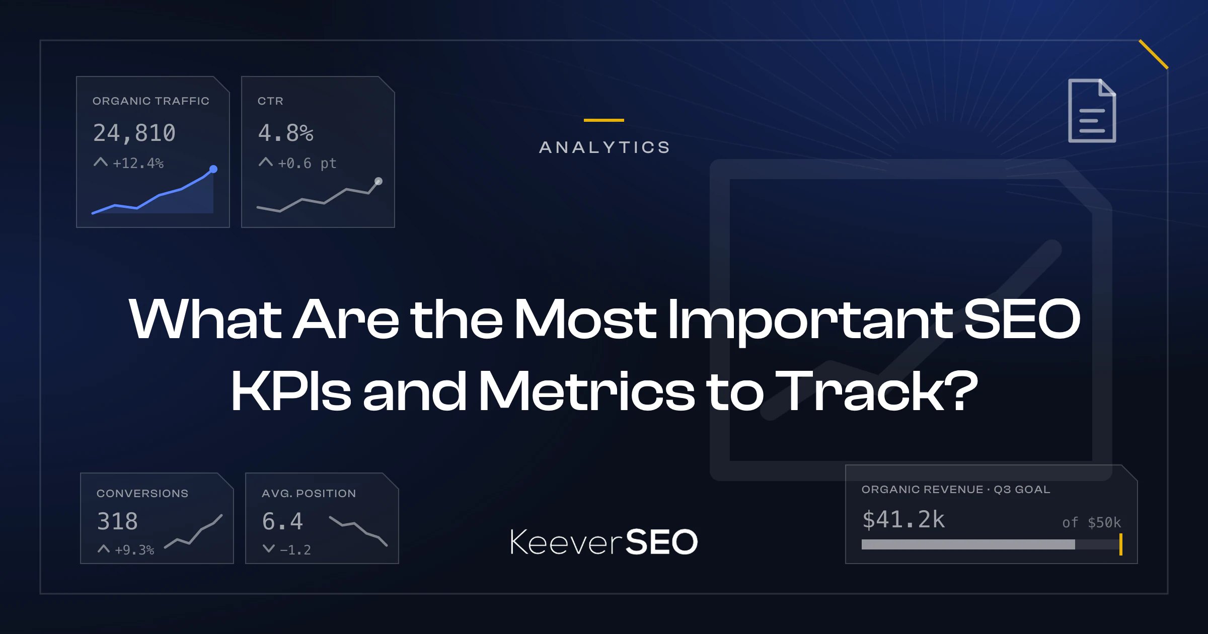 What Are the Most Important SEO KPIs and Metrics to Track? - KeeverSEO guide cover with a dashboard of four KPI stat tiles for organic traffic, click-through rate, conversions and average position, each with a sparkline and a delta, a revenue goal bar with a gold target marker and a report page icon