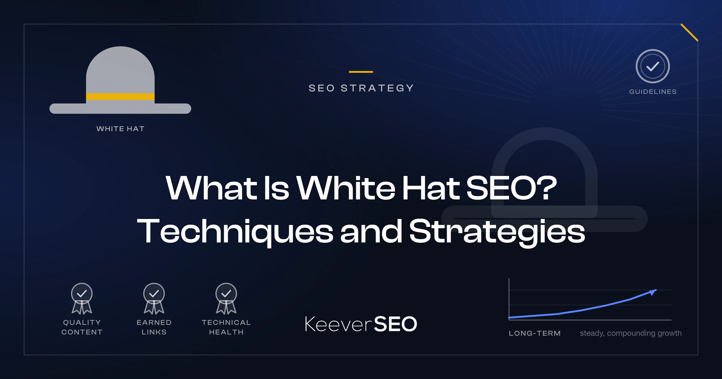 What Is White Hat SEO? Techniques and Strategies - KeeverSEO guide cover with a white hat with a gold band, three badges for quality content, earned links and technical health, a slow steady growth line labelled long-term and a guidelines compliance stamp