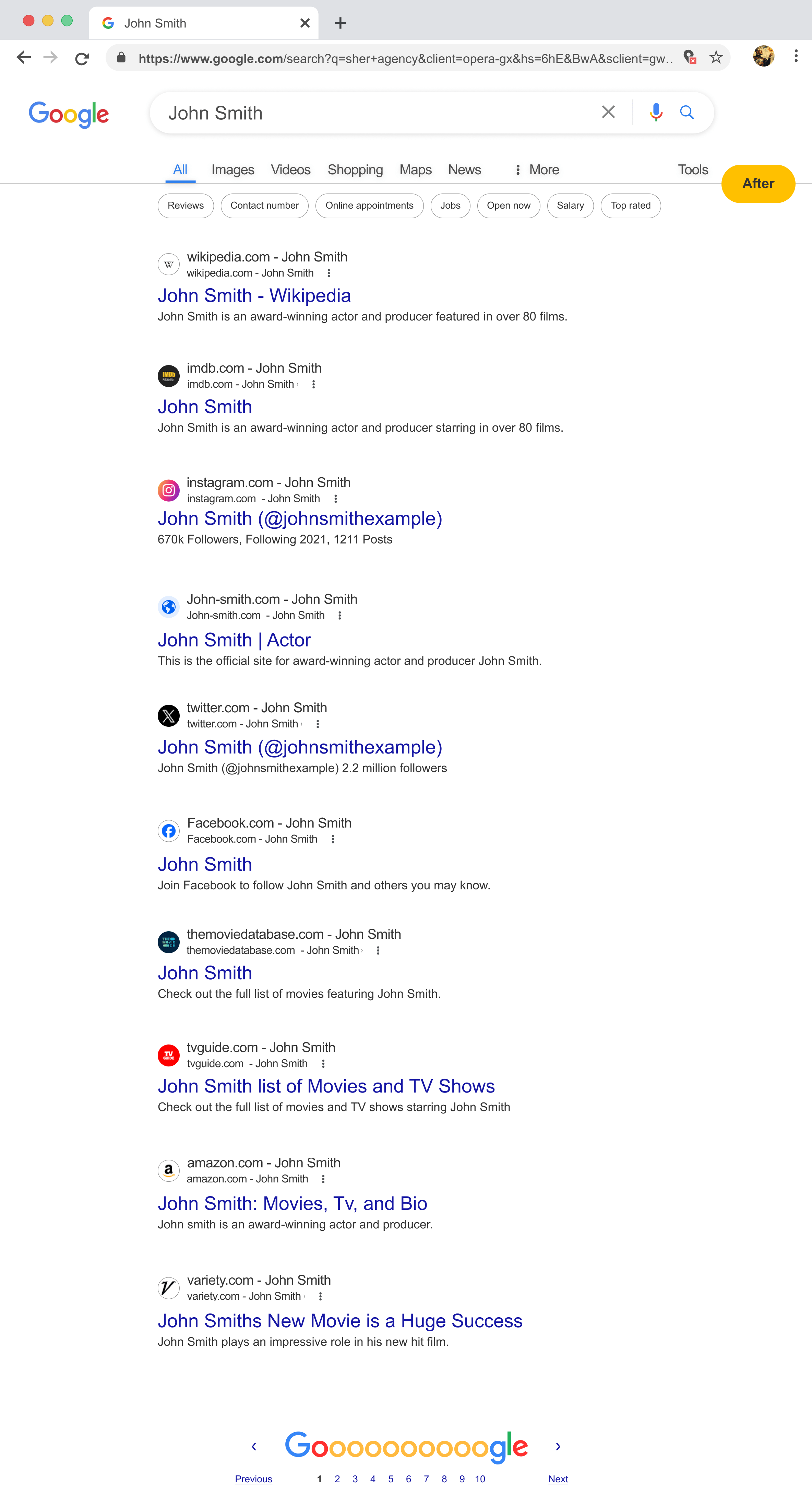 Google results page one after the campaign, filled with the actor's Wikipedia entry, IMDb, Instagram, official website, Twitter, Facebook, The Movie Database, TV Guide, Amazon and a positive Variety piece.