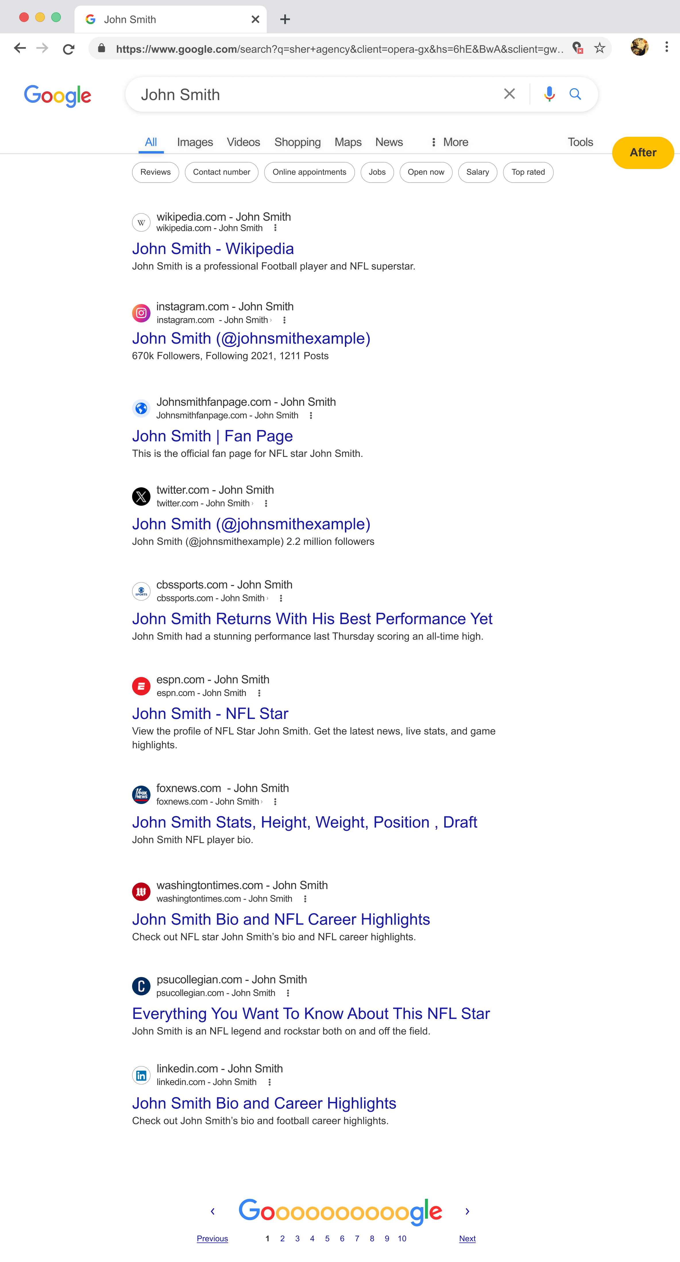 Google results page one after the campaign, filled with the athlete's Wikipedia entry, Instagram, a fan page on their own name, Twitter, LinkedIn and positive coverage from CBS Sports, ESPN, Fox News and the Washington Times.