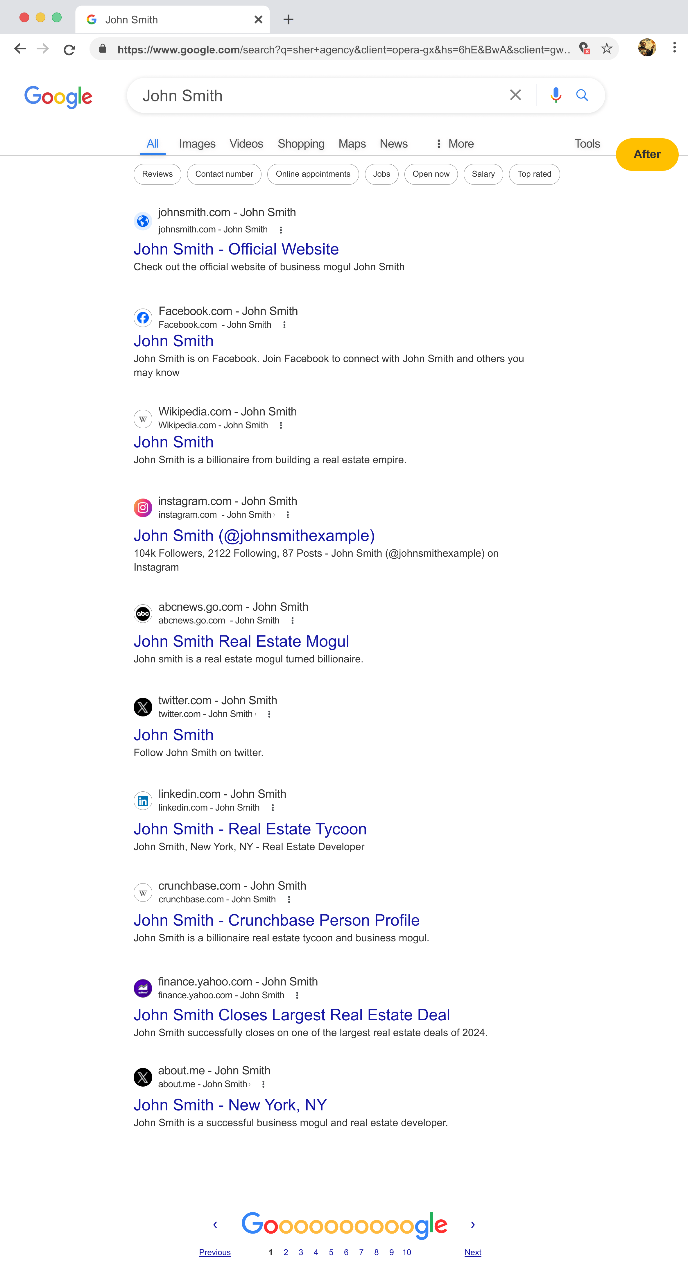 Google results page one after the campaign, filled with the client's official website, Facebook, Wikipedia, Instagram, Twitter, LinkedIn, Crunchbase, about.me and positive press including ABC News and Yahoo Finance.