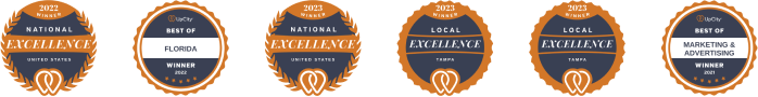Keever SEO awards: UpCity National Excellence Awards 2022 and 2023, UpCity Best of Florida 2022, Local Excellence Tampa 2023 and 2021, and UpCity Best of Marketing & Advertising 2021