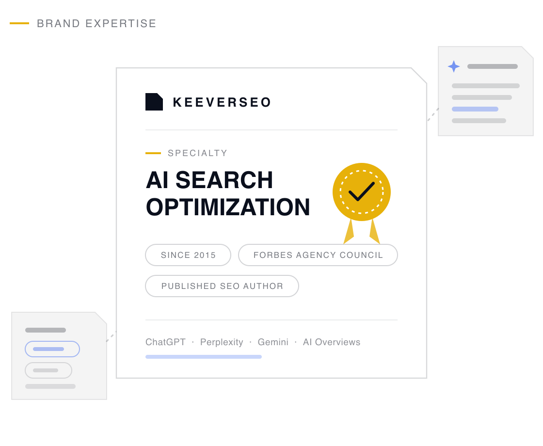 KeeverSEO credential plaque naming the agency an AI Search Optimization specialist, with a gold seal, Forbes Agency Council and published-author proof chips, and the answer engines it covers