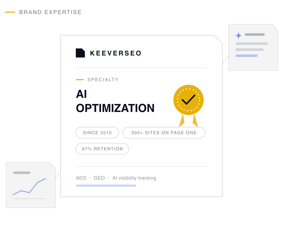 KeeverSEO credential plaque naming the agency a ai optimization specialist, with a gold seal and proof chips drawn from its ai optimization track record