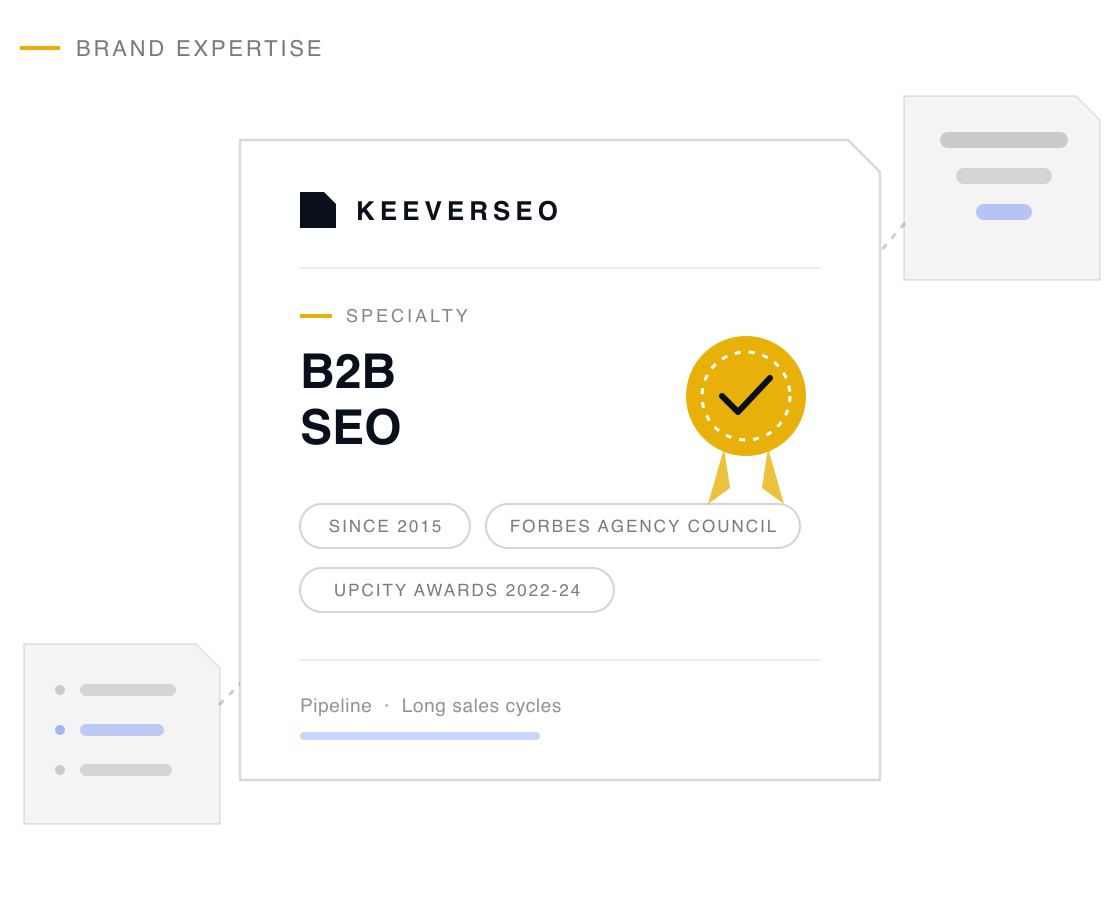 KeeverSEO credential plaque naming the agency a b2b seo specialist, with a gold seal and proof chips drawn from its b2b seo track record