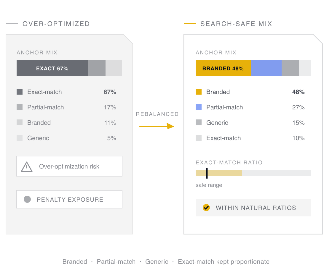 An over-optimized anchor text profile dominated by exact-match links rebalanced into a natural branded, partial and generic mix shown inside a safe range