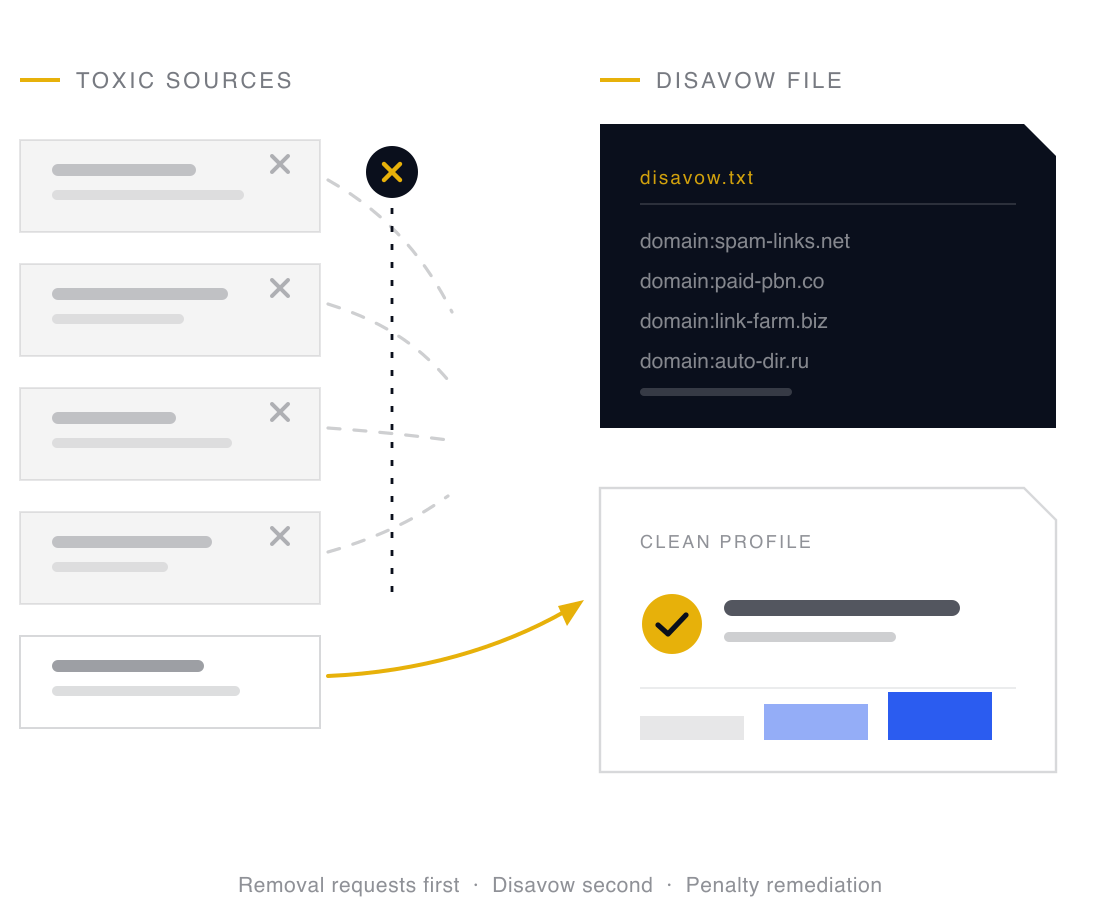 Spam referring domains severed from a backlink profile through removal requests and a disavow file, leaving a clean profile marked in gold