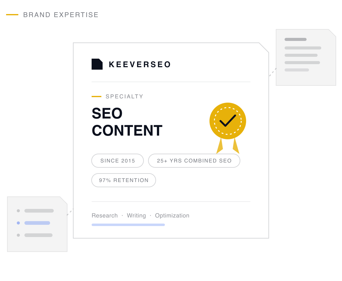 KeeverSEO credential plaque naming the agency a seo content specialist, with a gold seal and proof chips drawn from its seo content track record