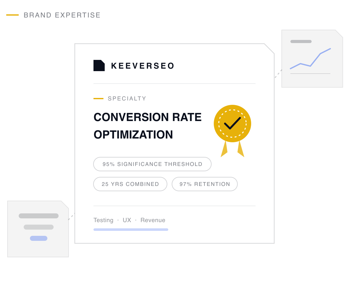 KeeverSEO credential plaque naming the agency a conversion rate optimization specialist, with a gold seal and proof chips drawn from its conversion rate optimization track record