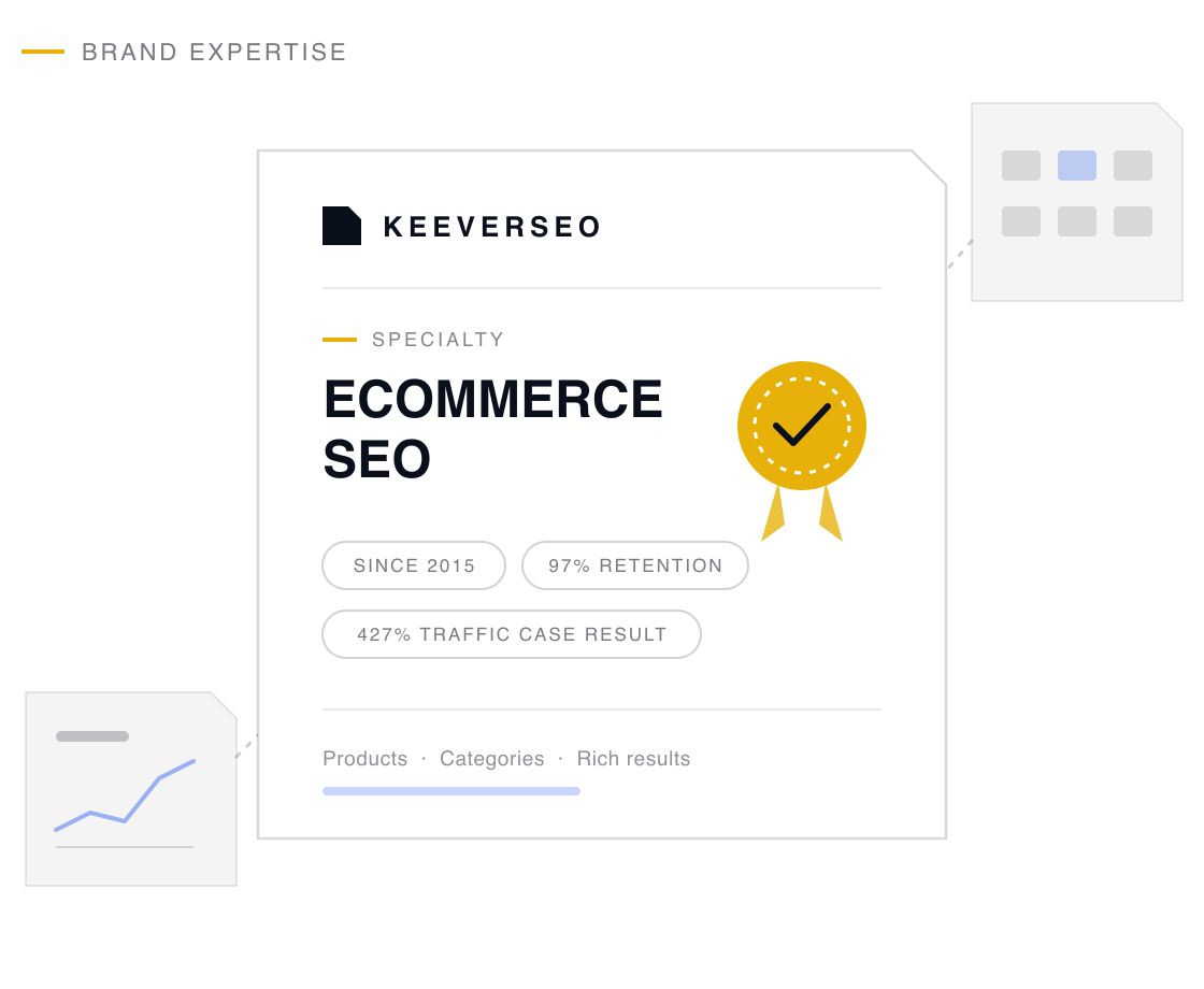 KeeverSEO credential plaque naming the agency a ecommerce seo specialist, with a gold seal and proof chips drawn from its ecommerce seo track record
