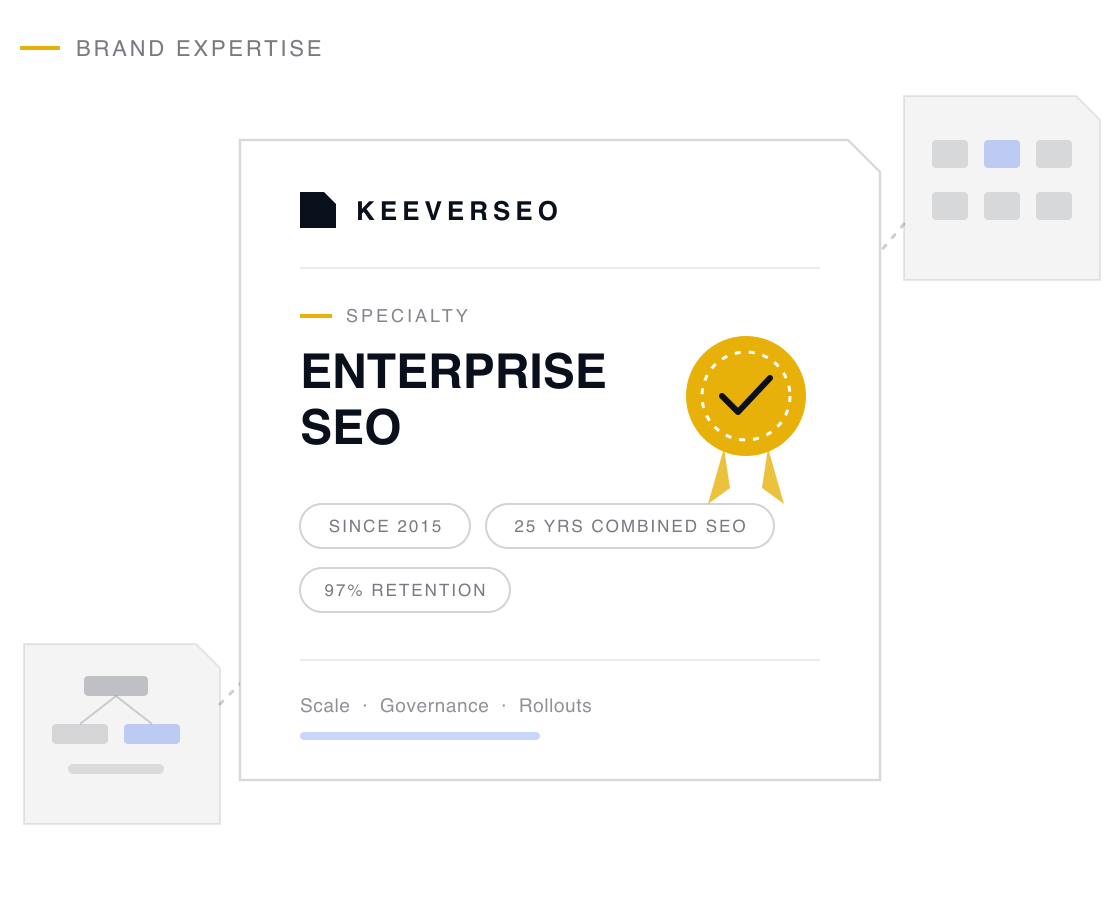 KeeverSEO credential plaque naming the agency a enterprise seo specialist, with a gold seal and proof chips drawn from its enterprise seo track record