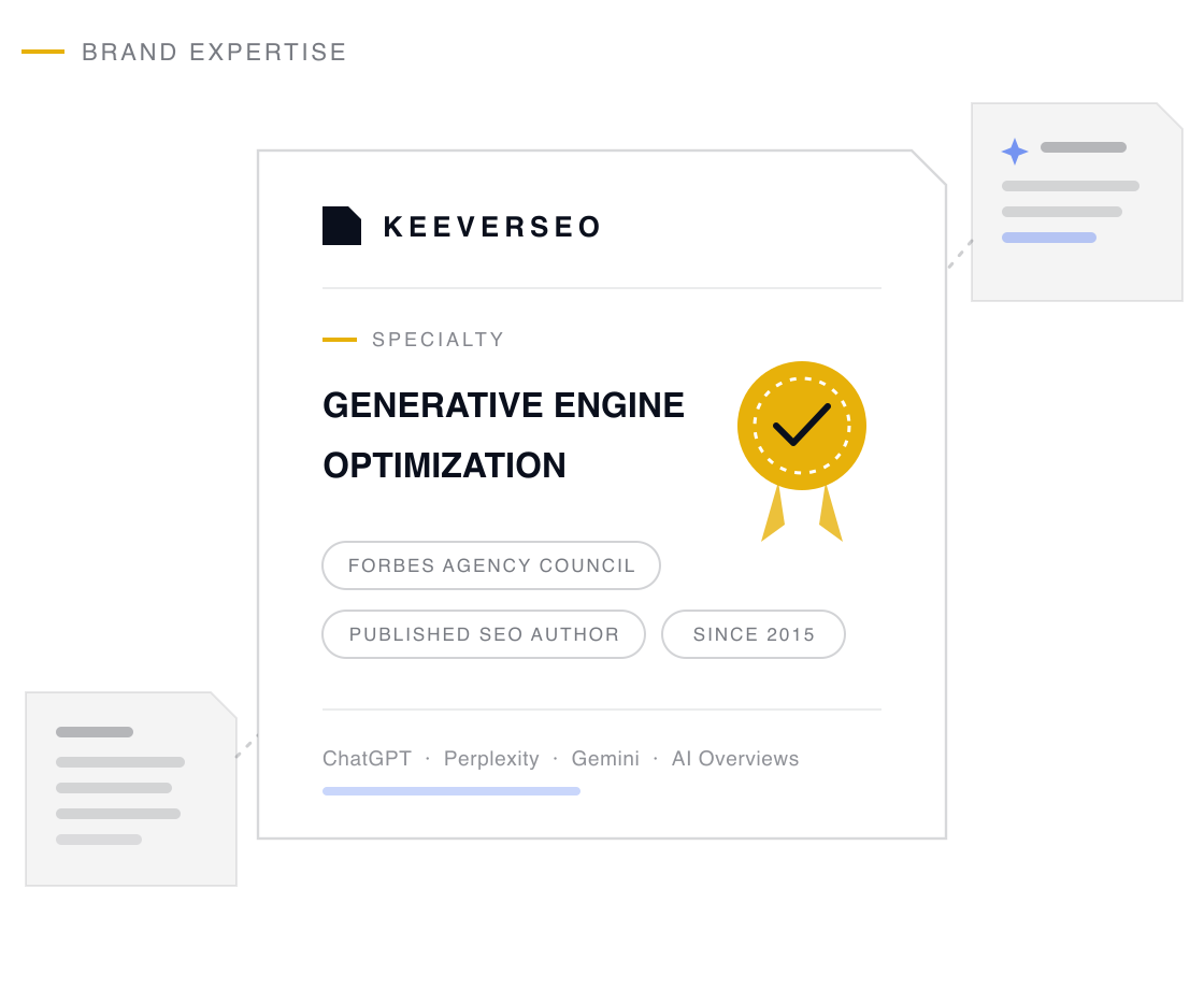 KeeverSEO credential plaque naming the agency a generative engine optimization specialist, with a gold seal and proof chips drawn from its generative engine optimization track record