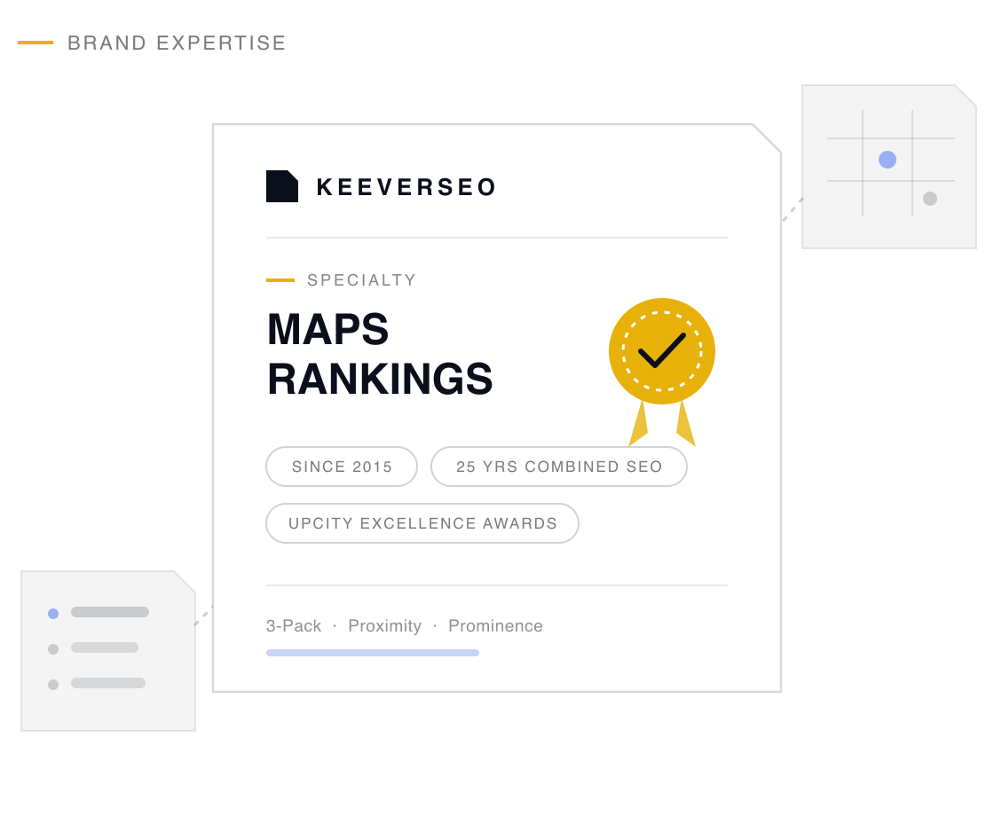 KeeverSEO credential plaque naming the agency a maps rankings specialist, with a gold seal and proof chips drawn from its maps rankings track record