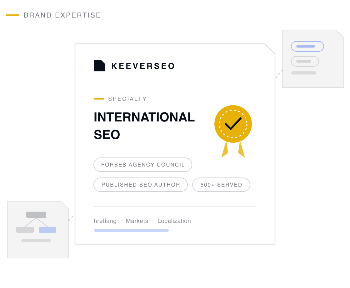 KeeverSEO credential plaque naming the agency a international seo specialist, with a gold seal and proof chips drawn from its international seo track record
