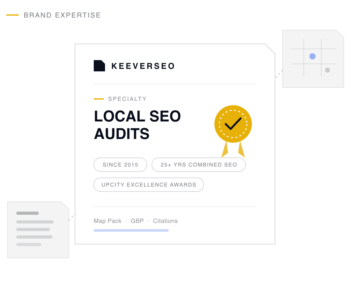 KeeverSEO credential plaque naming the agency a local seo audits specialist, with a gold seal and proof chips drawn from its local seo audits track record