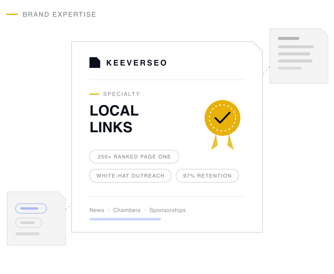 KeeverSEO credential plaque naming the agency a local links specialist, with a gold seal and proof chips drawn from its local links track record