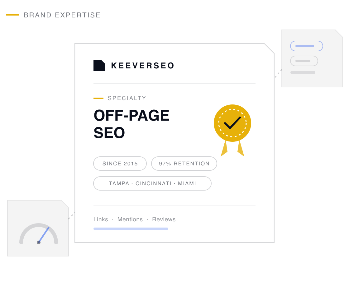 KeeverSEO credential plaque naming the agency a off-page seo specialist, with a gold seal and proof chips drawn from its off-page seo track record