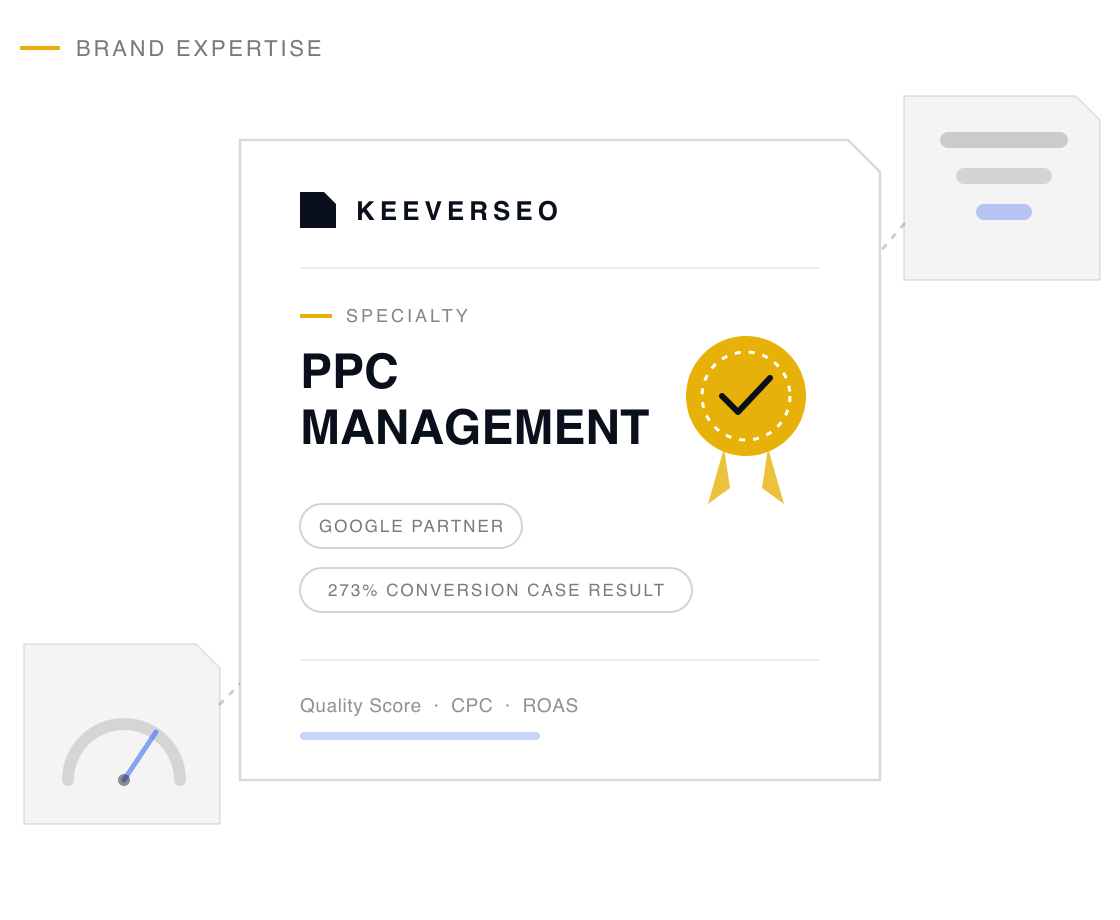 KeeverSEO credential plaque naming the agency a ppc management specialist, with a gold seal and proof chips drawn from its ppc management track record