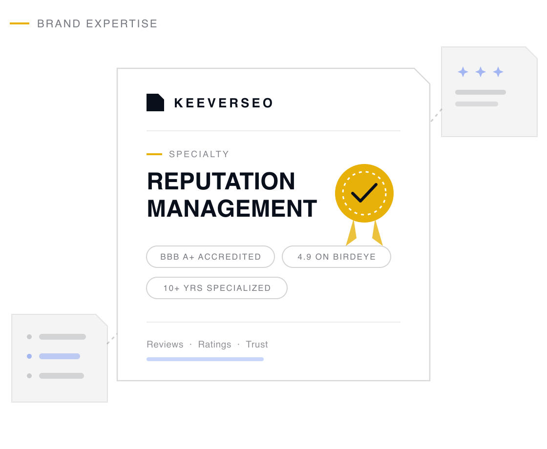 KeeverSEO credential plaque naming the agency a reputation management specialist, with a gold seal and proof chips drawn from its reputation management track record