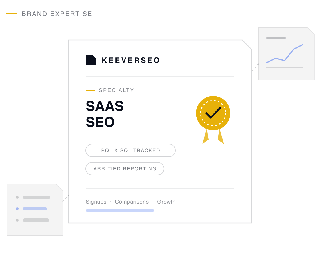 KeeverSEO credential plaque naming the agency a saas seo specialist, with a gold seal and proof chips drawn from its saas seo track record