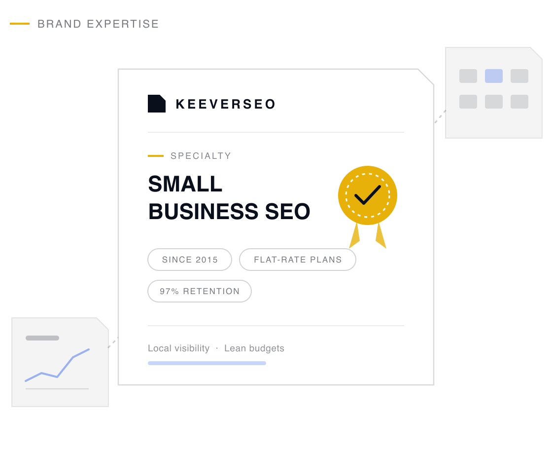KeeverSEO credential plaque naming the agency a small business seo specialist, with a gold seal and proof chips drawn from its small business seo track record