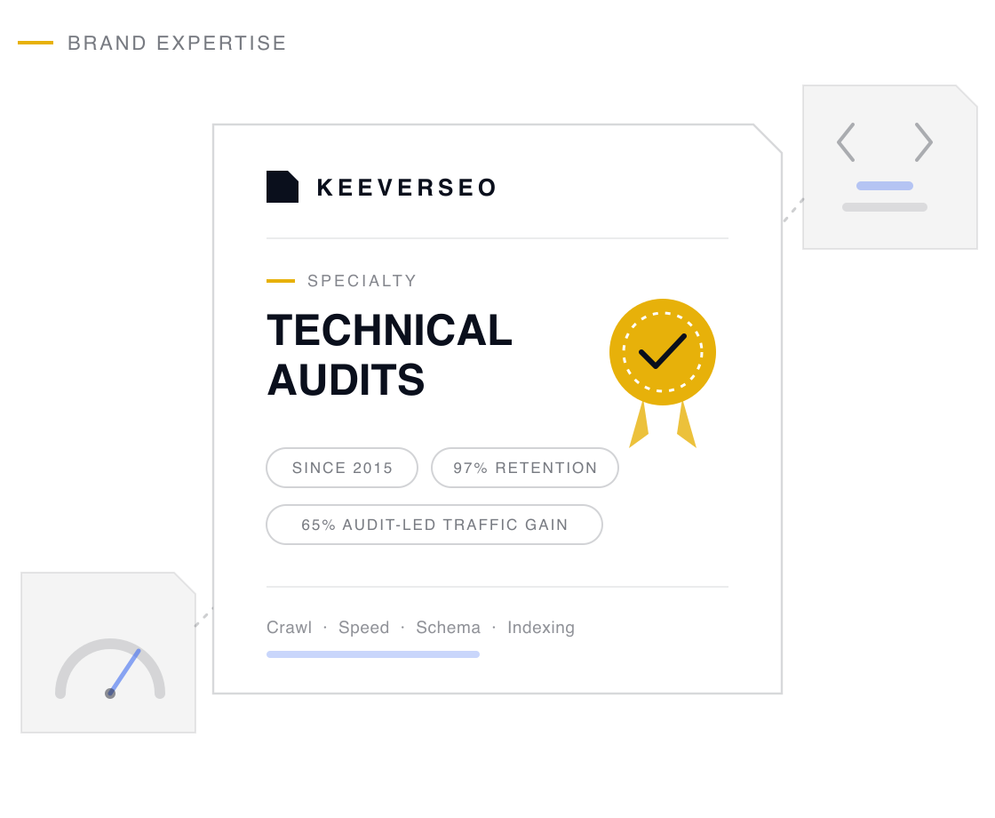 KeeverSEO credential plaque naming the agency a technical audits specialist, with a gold seal and proof chips drawn from its technical audits track record