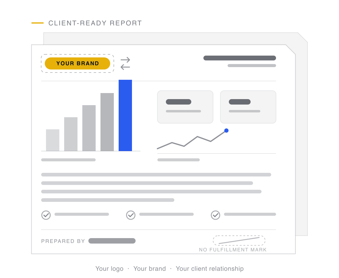 A polished client-ready SEO report with charts and deliverable checks carries a swappable brand slot where a gold YOUR BRAND chip sits in the header