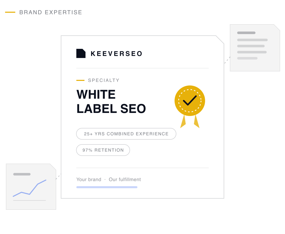 KeeverSEO credential plaque naming the agency a white label seo specialist, with a gold seal and proof chips drawn from its white label seo track record