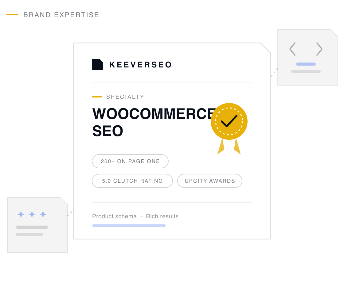 KeeverSEO credential plaque naming the agency a woocommerce seo specialist, with a gold seal and proof chips drawn from its woocommerce seo track record