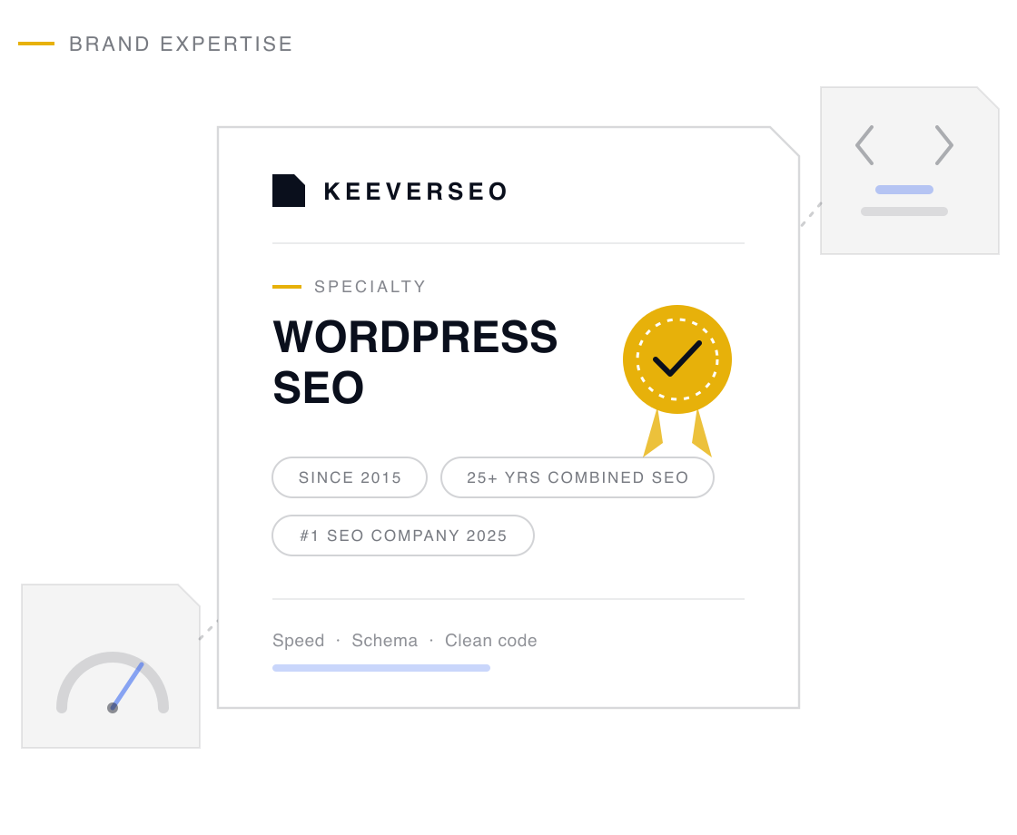 KeeverSEO credential plaque naming the agency a wordpress seo specialist, with a gold seal and proof chips drawn from its wordpress seo track record