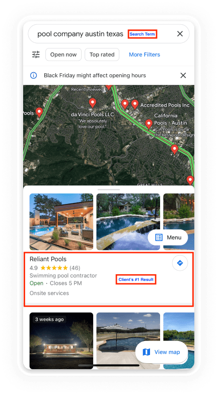 Phone showing a Google Maps search for 'pool company austin texas' with Keever SEO's client Reliant Pools as the #1 result
