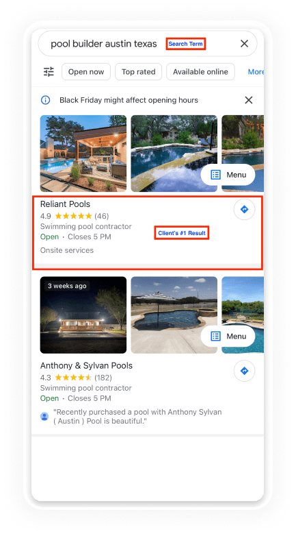 Phone showing a Google search for 'pool builder austin texas' with Keever SEO's client Reliant Pools ranked first with 4.9 stars
